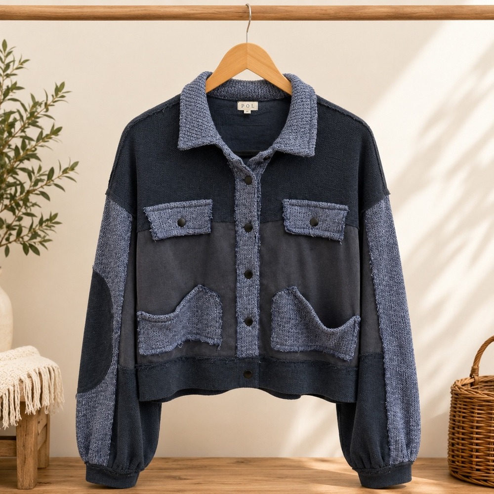POL Mixed Media Patchwork Shacket Charcoal Blue Knit Button Front Jacket size M